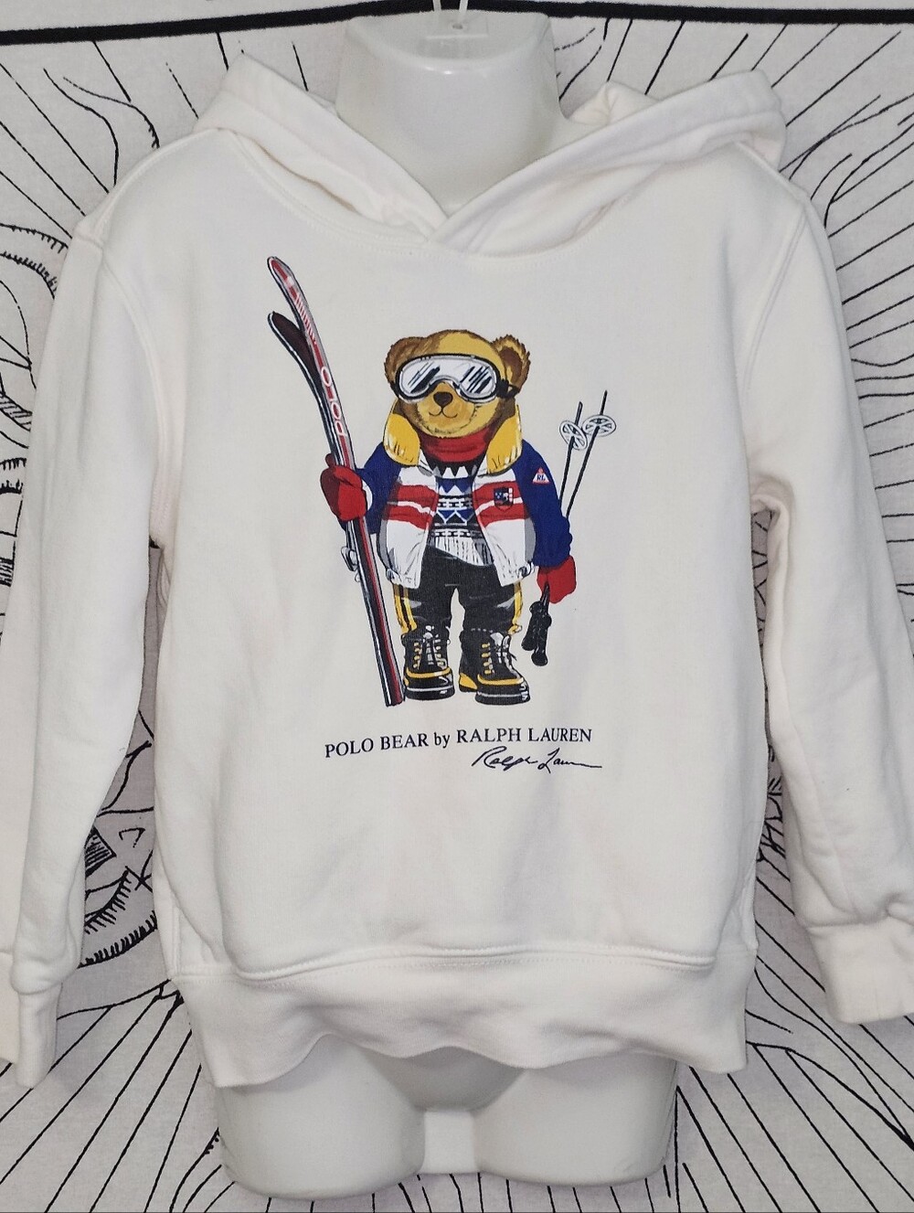 Polo Ralph Lauren Kids White Hoodie with Ski Bear Graphic Kangaroo Pocket Sz 5